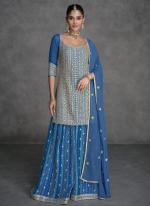 Real Georgette Aqua Blue Wedding Wear Embroidery Work Readymade Plazzo Suit